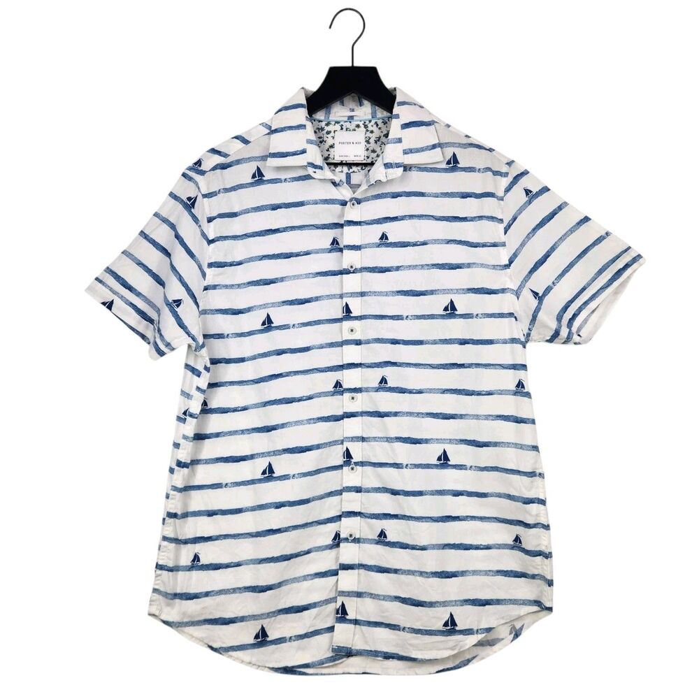 Porter & Ash 100% Cotton Button Shirt Large Striped Nautical Sailing Coastal